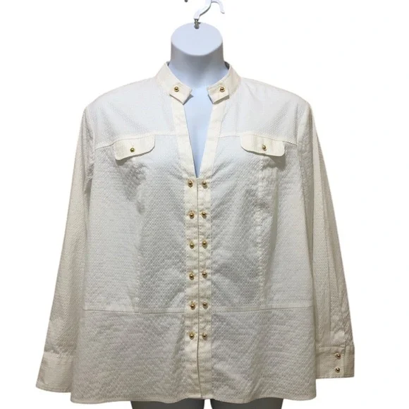 Jones New York Signature Women’s Pullover Blouse 3X White Stretch Gold Buttons - Picture 12 of 12